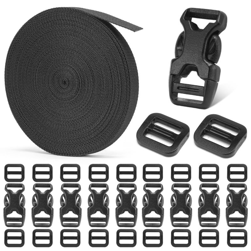 BEYOURD Buckle and Strap Set 3/8", 10 Yards Webbing Strap, 10-Pack Dual Adjustable Side Release Plastic Buckles, 20 Tri-Glide Slider Clips, Black (3/8 Inch Combo Set) - Image 1