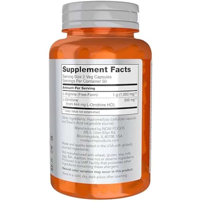 NOW Sports Nutrition, Arginine & Ornithine 500/250 mg, Amino Acids, 100 Veg Capsules - Image 2