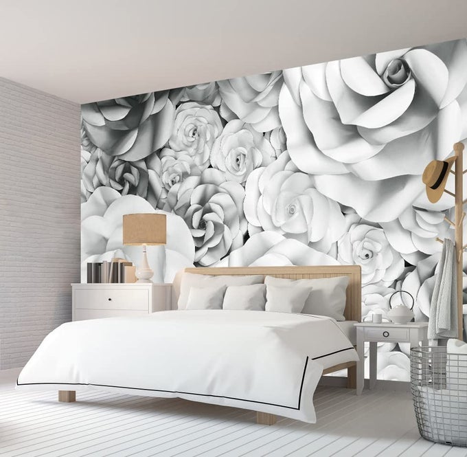 3D WHITE ROSE WALL MURAL GRAY AND WHITE WALLPAPER DECOR FOR GIRLS BEDROOM LIVING ROOM