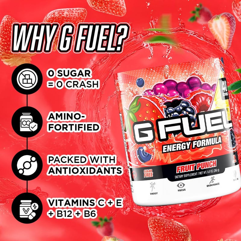 G Fuel Fruit Punch Energy Drink Powder, Pre Workout Caffeine Mix for Gaming, Sugar Free Focus Amino, Vitamin + Antioxidants, 9.9oz (Fruit Punch, 40 Servings) - Image 5