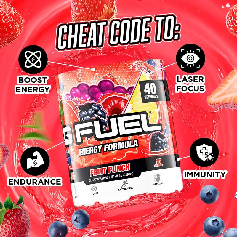 G Fuel Fruit Punch Energy Drink Powder, Pre Workout Caffeine Mix for Gaming, Sugar Free Focus Amino, Vitamin + Antioxidants, 9.9oz (Fruit Punch, 40 Servings) - Image 3