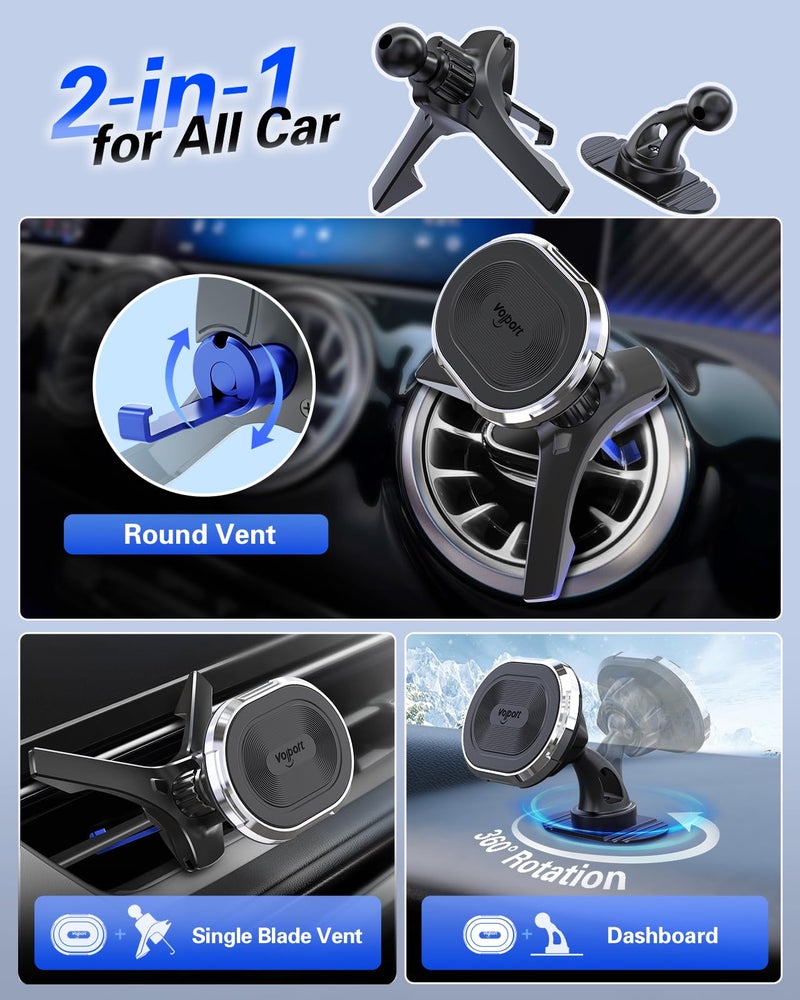 volport Magnetic Phone Mount for Car [Vent & Dashboard]: Strong Magnet Holder for Mercedes Benz Mini Cooper Round/Horizontal/Vertical Air Vent, for iPhone Samsung Big Heavy Cell Phone Case & Tablets - Image 3