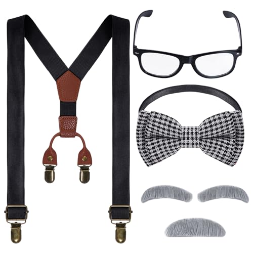 mifengda Kids Old Man 100 Day of School Grandpa Costume for Boys 1920s Outfit Halloween Dress Up Set Including Bow Tie Beard Eyebrow Suspenders Glasses - Image 1