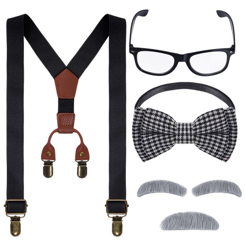 mifengda Kids Old Man 100 Day of School Grandpa Costume for Boys 1920s Outfit Halloween Dress Up Set Including Bow Tie Beard Eyebrow Suspenders Glasses - Image 3