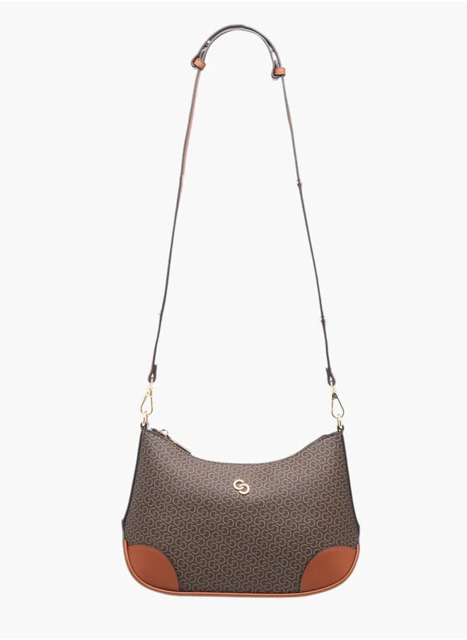 سيليست Women All-Over Monogram Print Shoulder Bag with Detachable Strap and Zip Closure