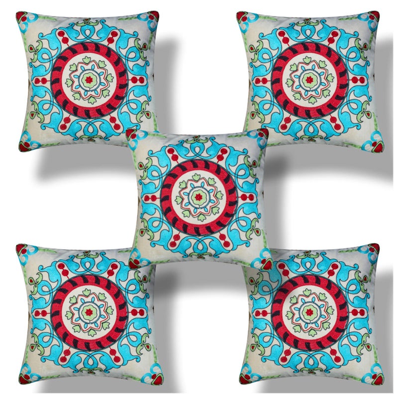 Vendola Handmade Embroidery Luxury Velvet Cushion Pillow Covers, Multicolor, Set of 5 (16X16 Inches) - Image 5