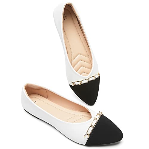 BABUDOG Women's Black Flats Shoes,White Dress Shoes for Women,Crimping Faux Suede Ballet Flats Comfortable(White.US8.5) - Image 1