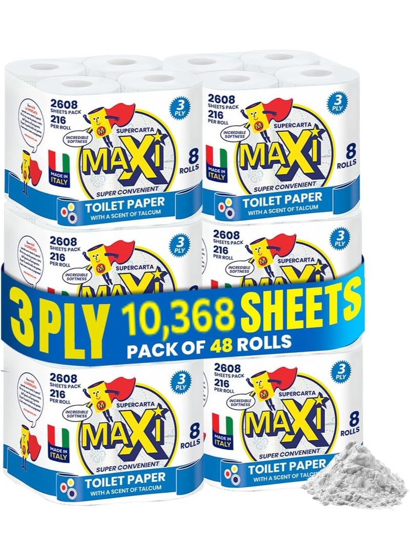 Maxi Supercarta Talcum Scented 3 Ply Giant Toilet Roll 10368 Sheets, Pack of 48 Rolls - 216 Soft High Absorbent Sheets per Roll - Thick Tissue with Butterfly Embossing