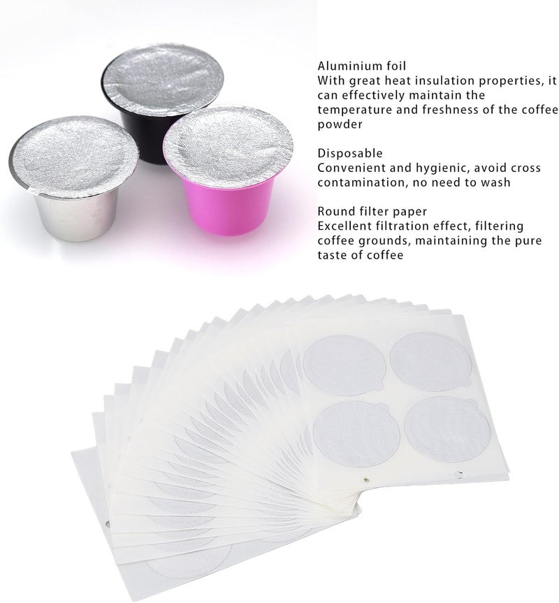 25PCS Aluminum Foils Lids for Coffee Capsules, Espresso Lids Foil Seals with 100PCS Round Filter Paper, Coffee Pod Stickers for Fast Food Restaurants - Image 2
