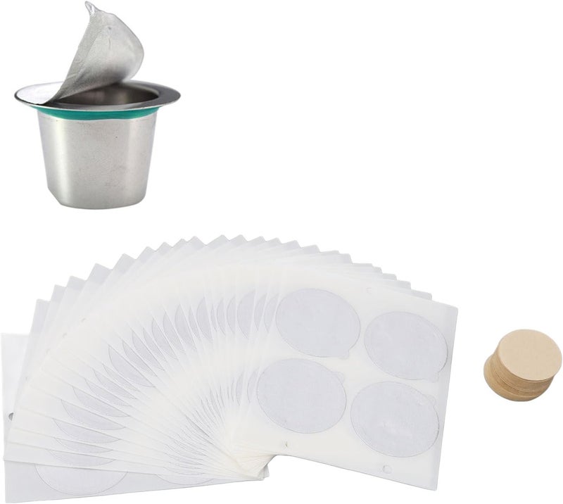 25PCS Aluminum Foils Lids for Coffee Capsules, Espresso Lids Foil Seals with 100PCS Round Filter Paper, Coffee Pod Stickers for Fast Food Restaurants - Image 1