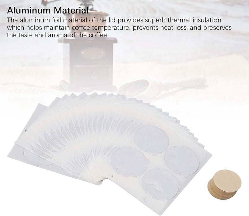 25PCS Aluminum Foils Lids for Coffee Capsules, Espresso Lids Foil Seals with 100PCS Round Filter Paper, Coffee Pod Stickers for Fast Food Restaurants - Image 3