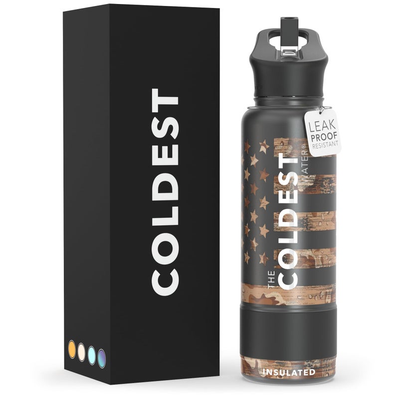 Coldest Insulated Water Bottle with Straw Lid  Stainless Steel Metal Thermos for Men  Women Camouflage Flag 40 oz