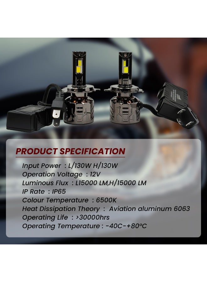 3XR P130 LED Headlight 260W 30000LM H4 12V Dual Beam 6500K Cool White IP65 Waterproof, High Power Fan Cooling Long Life Auto Headlamp. - Image 3