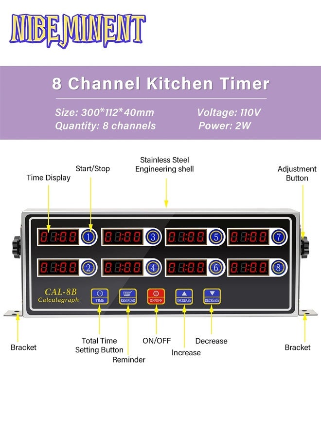 NIBEMINENT 8 Channel Digital Kitchen Timer, Portable Calculagraph, Commercial Kitchen Timers, Manual Big Large Timer, Professional Restaurant Timers, Multiple Independent Countdown Timers, Loud Alarm Cooking Reminder for Food Truck, Fryer, Bakery, Coffee, Room Dexoration Silver/Black - Image 3