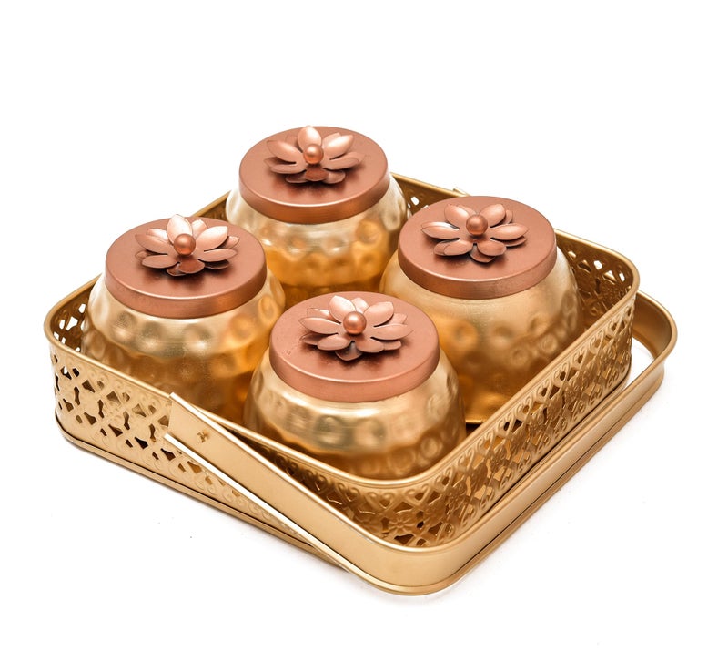Sanvatsar Square Shape Metal Basket with Jar Tray 4 Copper Flower Container Dry Fruits Chocolate Sweets Candys Gifts Set for Office, Home Decor Table Decoration Item (Square) - Image 3