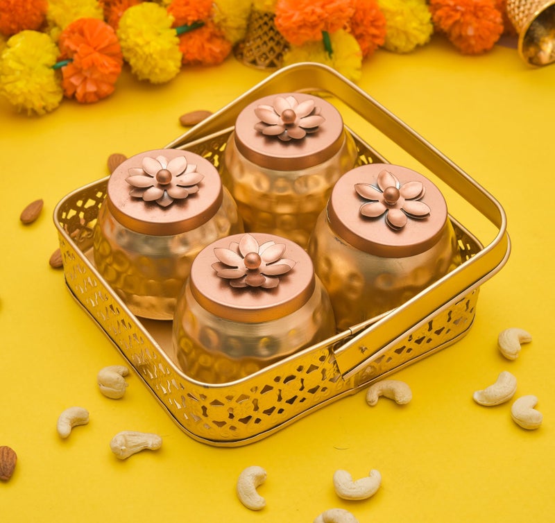 Sanvatsar Square Shape Metal Basket with Jar Tray 4 Copper Flower Container Dry Fruits Chocolate Sweets Candys Gifts Set for Office, Home Decor Table Decoration Item (Square) - Image 1