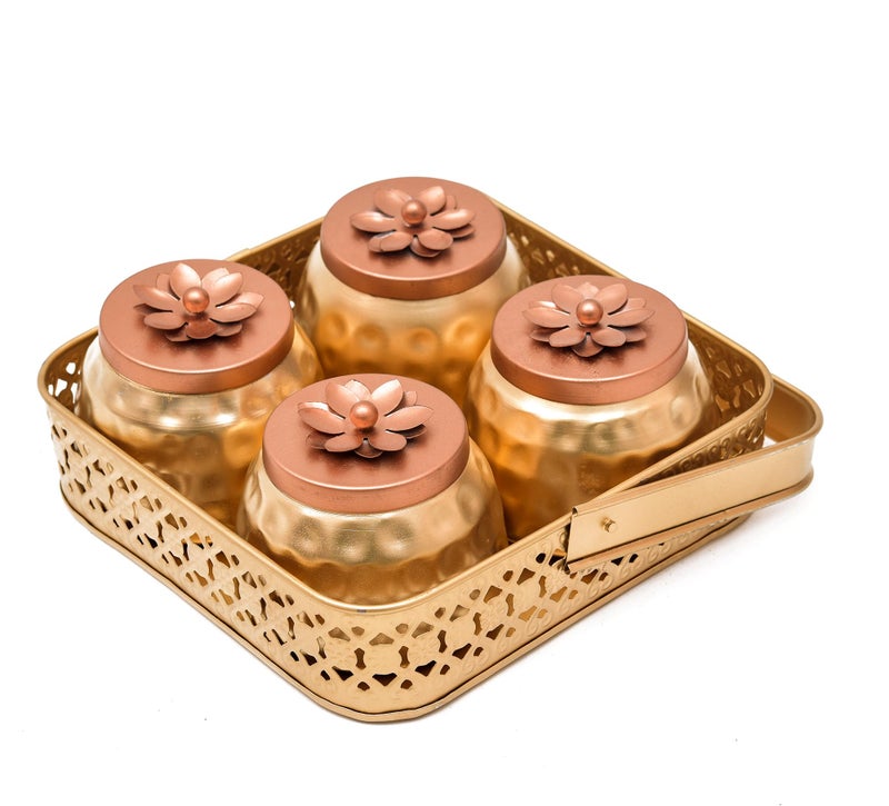 Sanvatsar Square Shape Metal Basket with Jar Tray 4 Copper Flower Container Dry Fruits Chocolate Sweets Candys Gifts Set for Office, Home Decor Table Decoration Item (Square) - Image 4