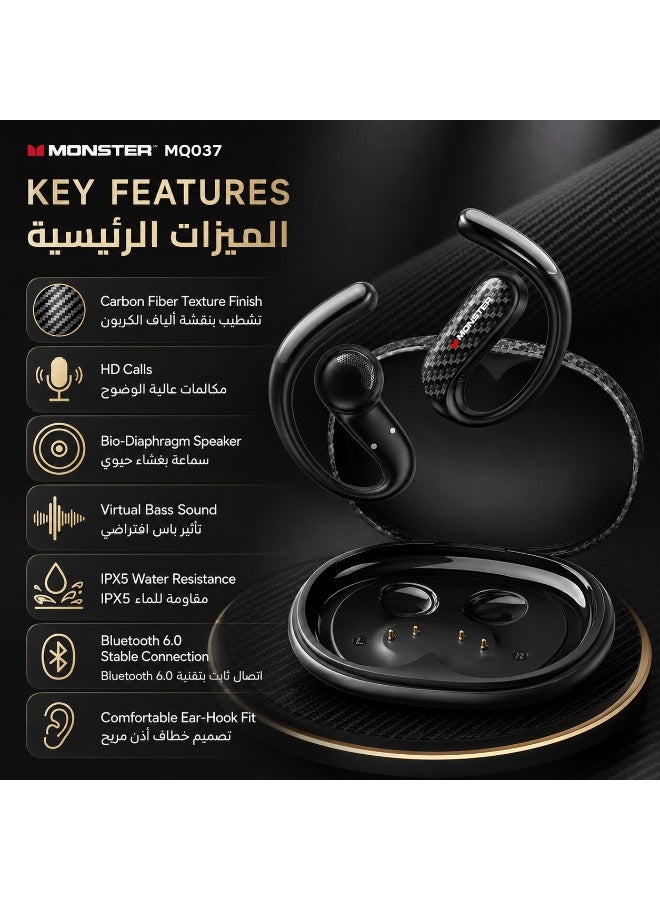 Monster MQ037 Open Ear Wireless Bluetooth 6.0 Earbuds, Bio-Diaphragm HiFi Earphones, Dual Mic, Breathable Ear Hook, Carbon Fiber, Long Battery Life - Image 3