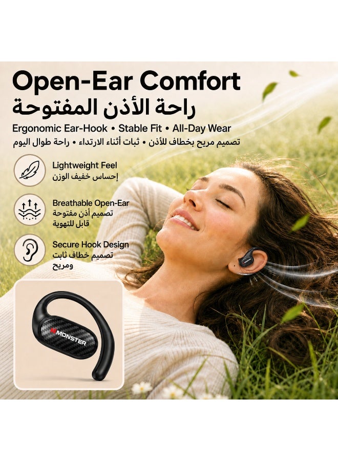 Monster MQ037 Open Ear Wireless Bluetooth 6.0 Earbuds, Bio-Diaphragm HiFi Earphones, Dual Mic, Breathable Ear Hook, Carbon Fiber, Long Battery Life - Image 2