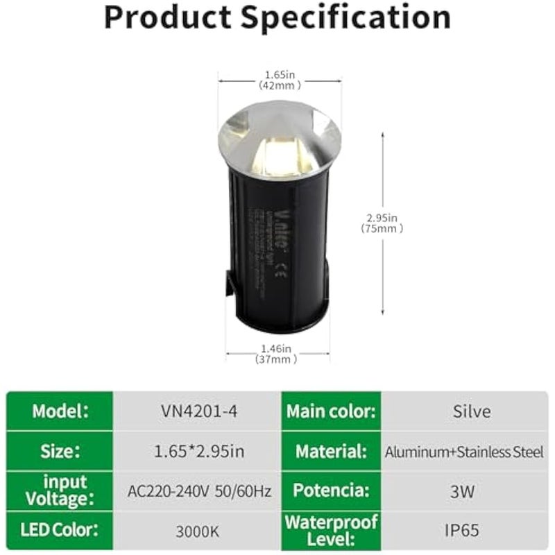 V.nice Outdoor LED in-ground light, 3W 3000K warm white light, 220-240V, landscape recessed path upward lighting, IP67 waterproof step light, with stainless steel cover, suitable for garden and courtyard lighting. - Image 2