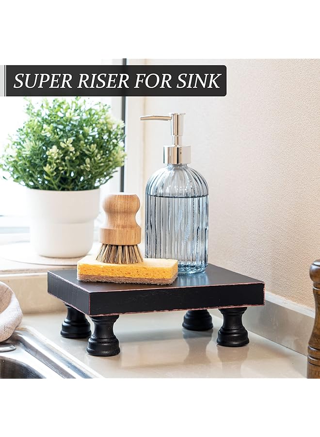 إيروريكس حامل قاعدة عصري للديكور في المطبخ، حامل خشبي مزخرف للعرض وصينية موزع الصابون الريفي وحامل الإسفنج، منظم سطح الطاولة والحوض باللون الأسود - Image 2