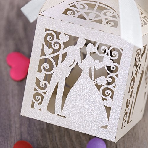 Tinksky 100pcs Wedding Candy Boxes Couple Design Luxury Lase Cut Party Wedding Favor Ribbon Candy Boxes Gift Box Table Decorations (White) - Image 4