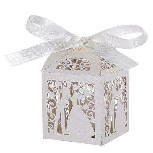 Tinksky 100pcs Wedding Candy Boxes Couple Design Luxury Lase Cut Party Wedding Favor Ribbon Candy Boxes Gift Box Table Decorations (White) - Image 1