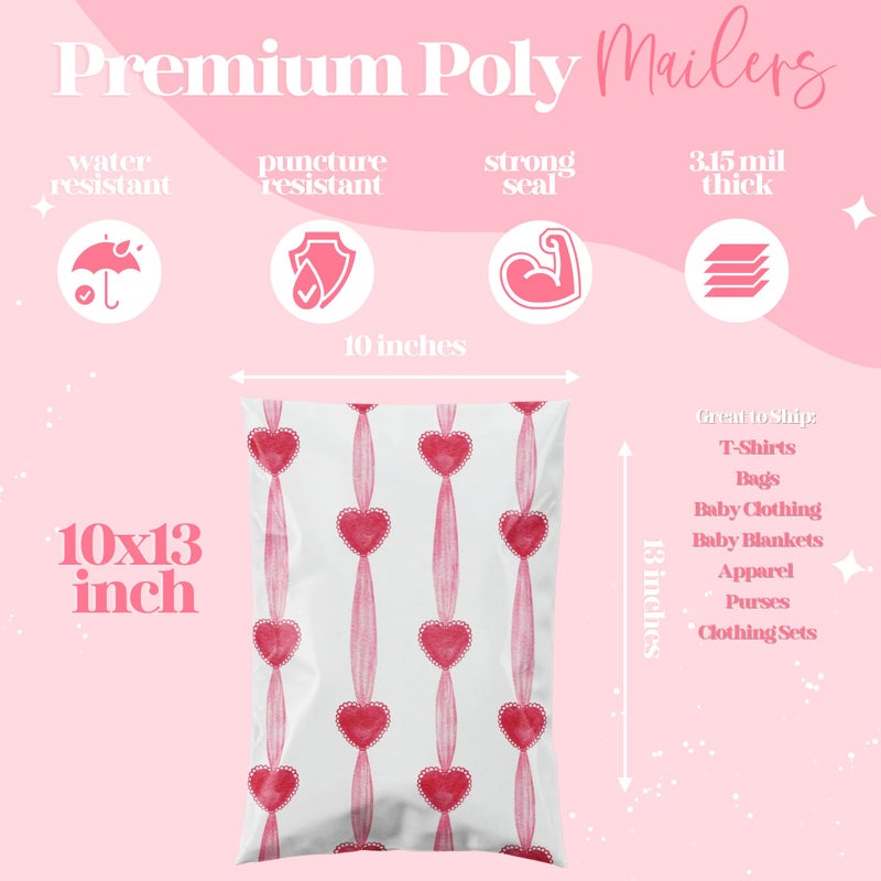 Pretty Package Store 10X13 Designer Poly Mailer 100 Pack Heavy Duty Waterproof Self Seal Shipping Bags For Small Business Large Mailing Envelopes Bulk Tear Resistant Packaging Red Valentine Heart - Image 2