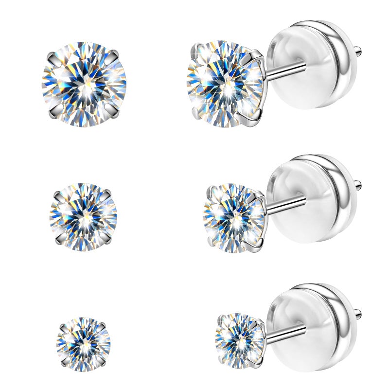VOJO 3-Pairs G23 Titanium Moissanite Stud Earrings, Hypoallergenic Earrings for Women & Men (White Gold) - Image 1