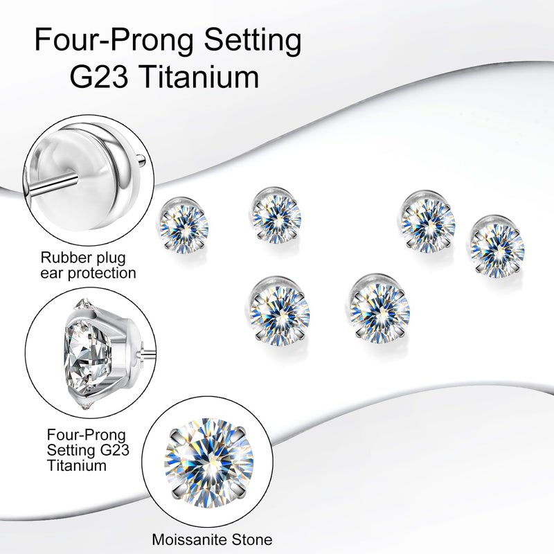 VOJO 3-Pairs G23 Titanium Moissanite Stud Earrings, Hypoallergenic Earrings for Women & Men (White Gold) - Image 5