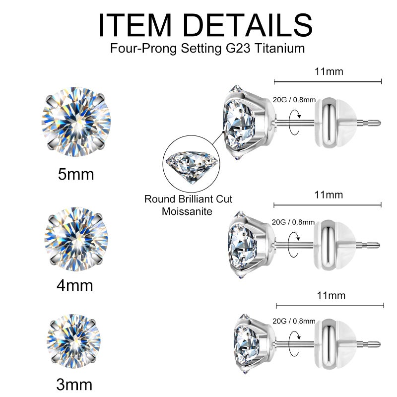 VOJO 3-Pairs G23 Titanium Moissanite Stud Earrings, Hypoallergenic Earrings for Women & Men (White Gold) - Image 4
