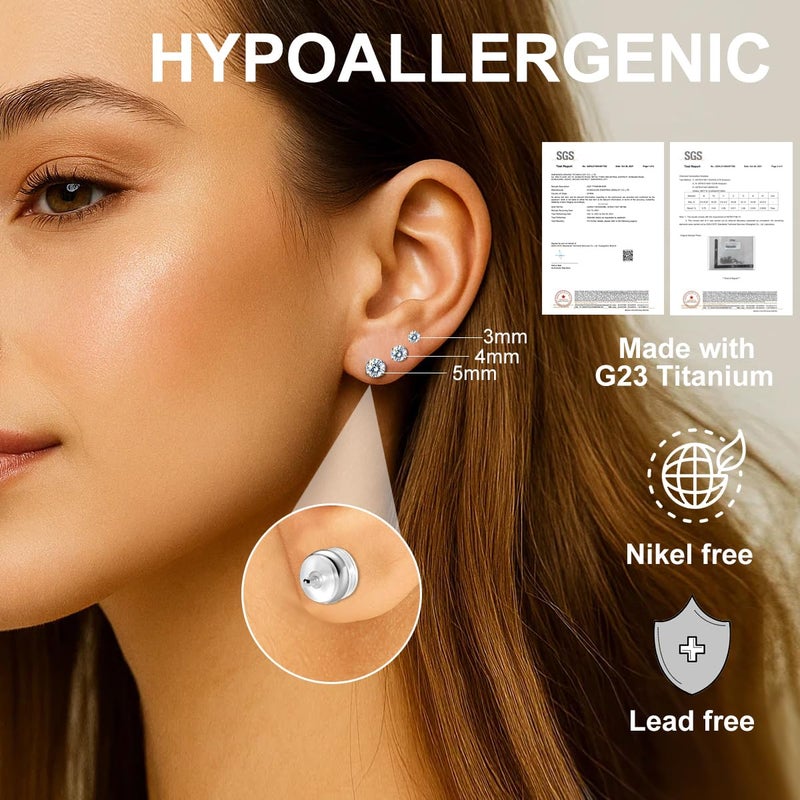 VOJO 3-Pairs G23 Titanium Moissanite Stud Earrings, Hypoallergenic Earrings for Women & Men (White Gold) - Image 2