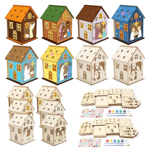 Fennoral 14 Pack Christmas Nativity Craft for Kids Make You Own 3D Jesus House DIY Coloring Wooden Religious Christian Nativity Craft for Christmas Art Activities Xmas Party Decoration - Image 1
