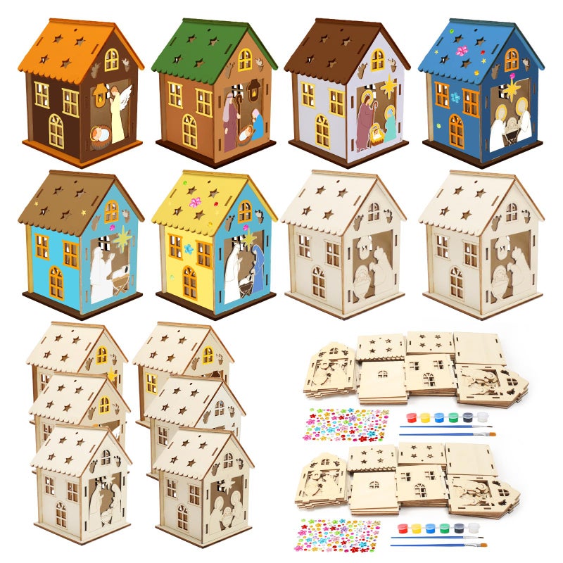 Fennoral 14 Pack Christmas Nativity Craft for Kids Make You Own 3D Jesus House DIY Coloring Wooden Religious Christian Nativity Craft for Christmas Art Activities Xmas Party Decoration - Image 2