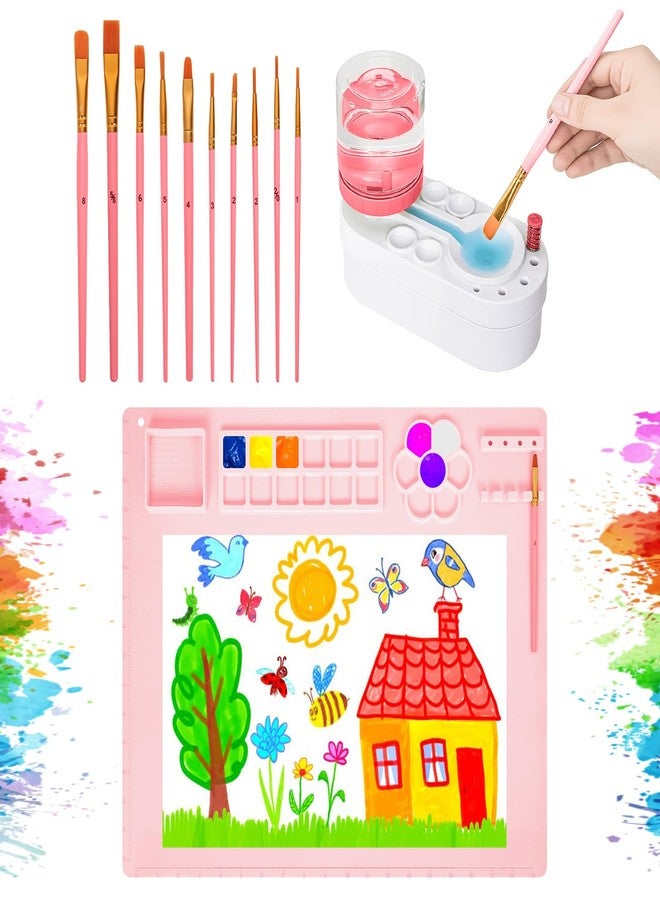 PXFAYSFQ 2025 New Painting Station, Paint Brush Cleaner (Pre-Assembled) and Silicone Painting Mat 20"X16" Silicone Art Mat with 10 Paint Brushes for Artist Kids Adults Birthday Gifts (Pink) - Image 1