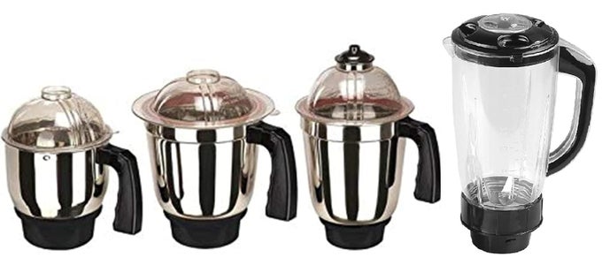 SET OF 4 MIXER JAR 3 STAINLESS STEEL AND 1 JUICER JAR MILKSHAKE JAR CHUTNEY DRY GRINDING LIQUID BLENDING AND MILKSHAKE JARSTANDARD MIXER JARMIXER GRINDER STEEL JAR WITH LID SASTEEL BLACK