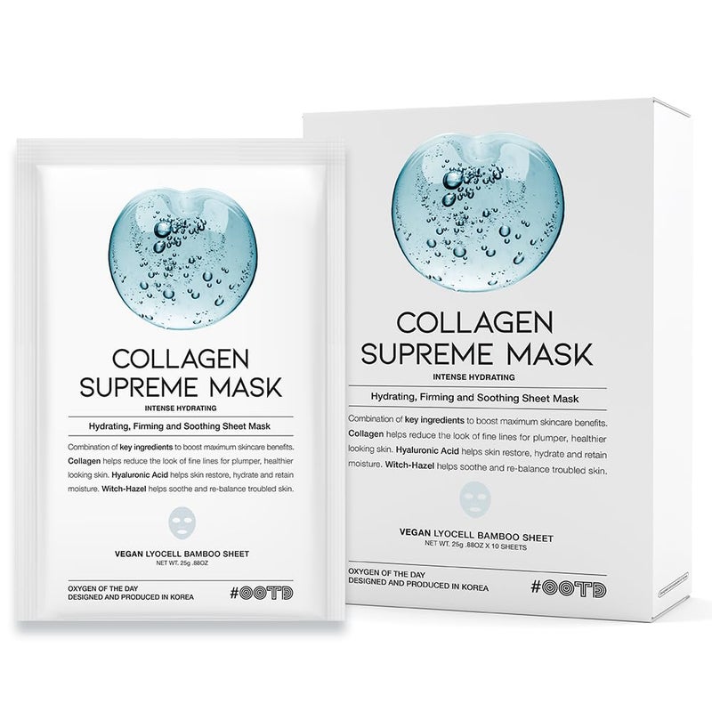 #OOTD Collagen Hydrating Sheet Masks for Face Korean Anti Aging Mask Sheet for Dry Skin & Sensitive Skin, EVE Vegan, Not Tested on Animals, No Parabens, No Sulfates, Hyaluronic Acid, Witch Hazel 10EA - Image 1