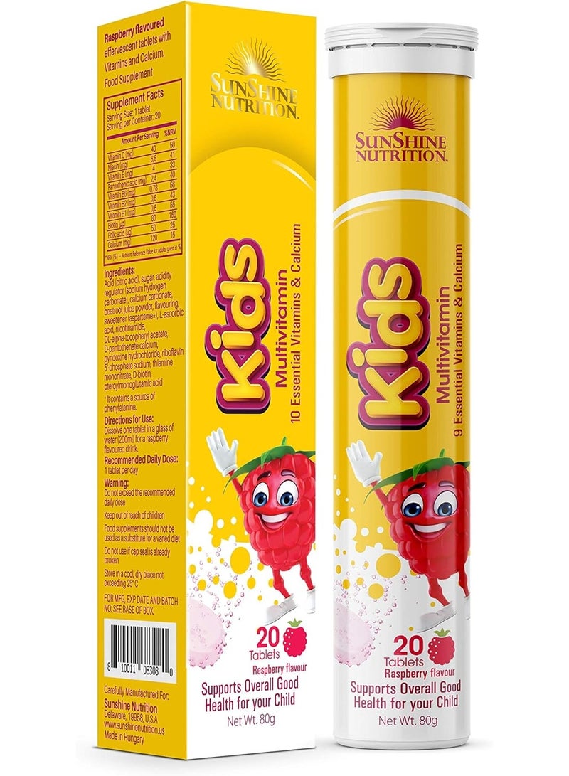SUNSHINE NUTRITION Kids Multivitamins Effervescent 20 Tablets With 10 Essential Vitamins & Calcium Raspberry Flavor  - Image 1