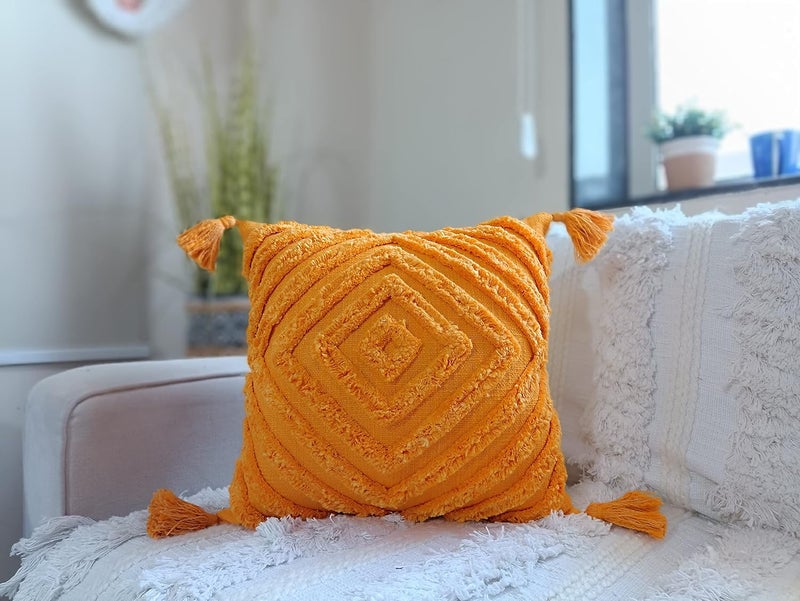 IMPEXART PVT LTD Cotton 18x18 Inches Boho Shaggy Square Geometric Desgin Cushion Cover with Tassel for Decor Couch Sofa Bedroom Living Room Farmhouse - Image 1