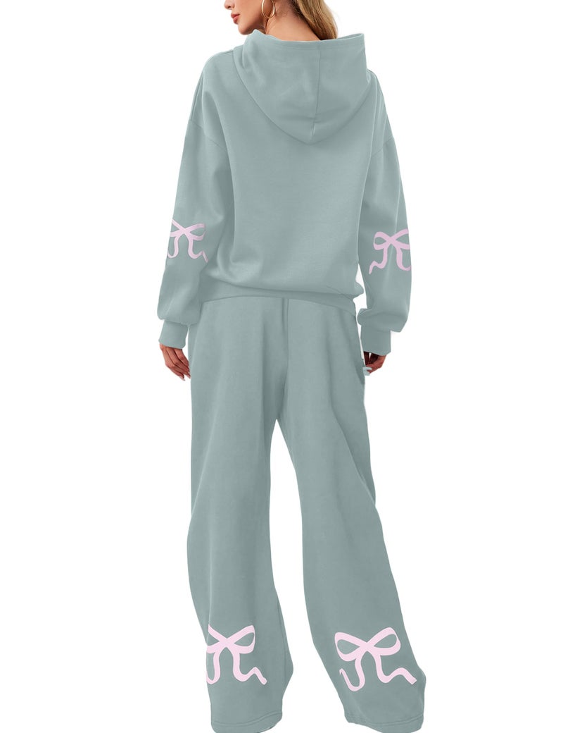 Livtany Women's 2 Piece Outfits Bow Trim Print Hoodie Sweatsuit Sets Oversized Sweatshirt Wide Leg Sweatpants With Pockets - Image 1