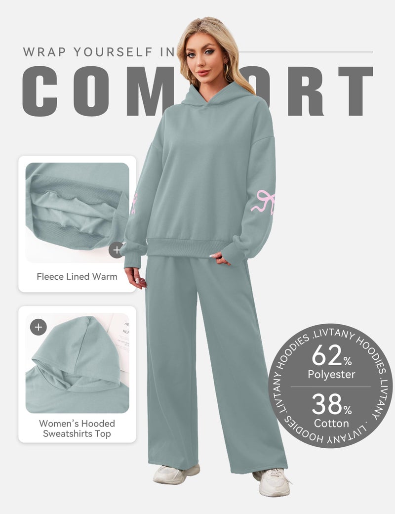 Livtany Women's 2 Piece Outfits Bow Trim Print Hoodie Sweatsuit Sets Oversized Sweatshirt Wide Leg Sweatpants With Pockets - Image 4