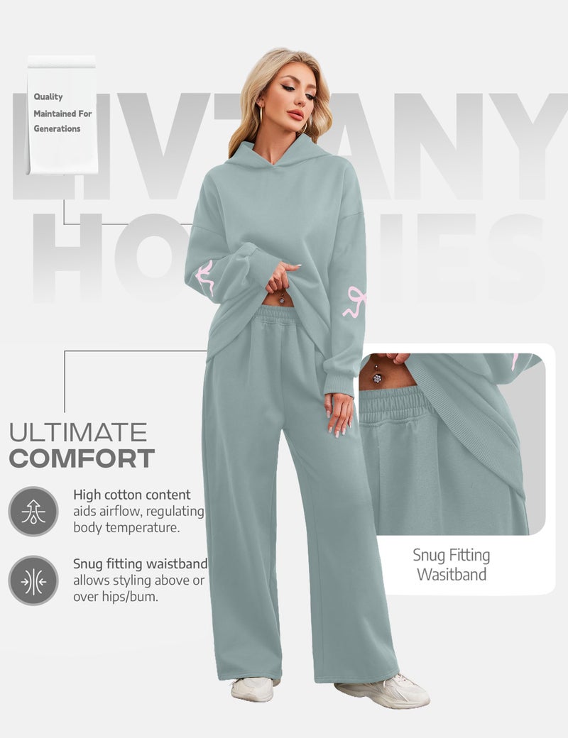 Livtany Women's 2 Piece Outfits Bow Trim Print Hoodie Sweatsuit Sets Oversized Sweatshirt Wide Leg Sweatpants With Pockets - Image 5
