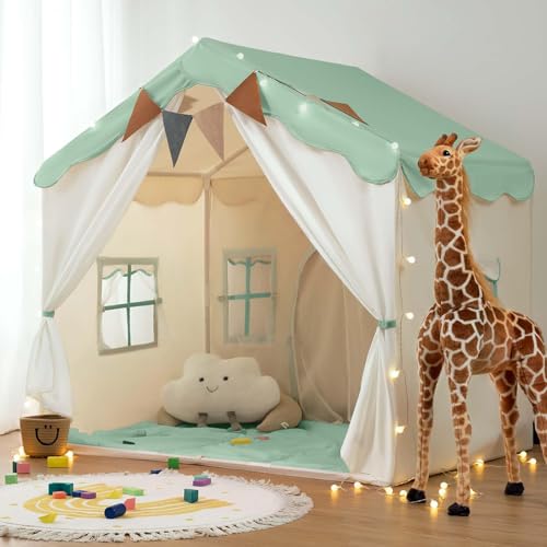 besrey Kids Tent Kids Play Tent 2 in 1 with Padded Mat and Lights Large Playhouse with 2 Doors 4 Windows Indoor Outdoor Christmas Toddler Playhouse 51 x35 x 51 Green - Image 1