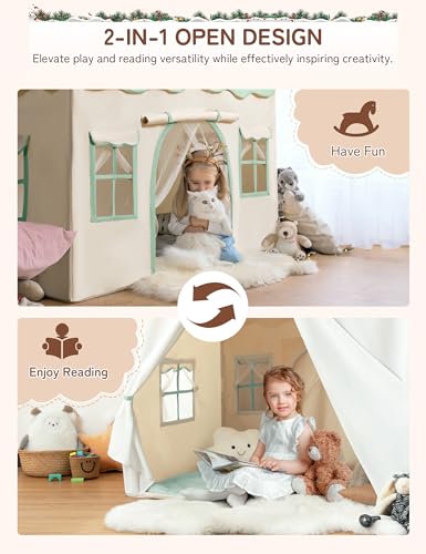 besrey Kids Tent Kids Play Tent 2 in 1 with Padded Mat and Lights Large Playhouse with 2 Doors 4 Windows Indoor Outdoor Christmas Toddler Playhouse 51 x35 x 51 Green - Image 5