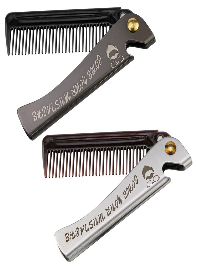 DOERDO DD Foldable Stainless Steel 2 in 1 Pocket Comb and Bottle Opener - Folding Beard Comb for Men, 2 Pack - Image 1