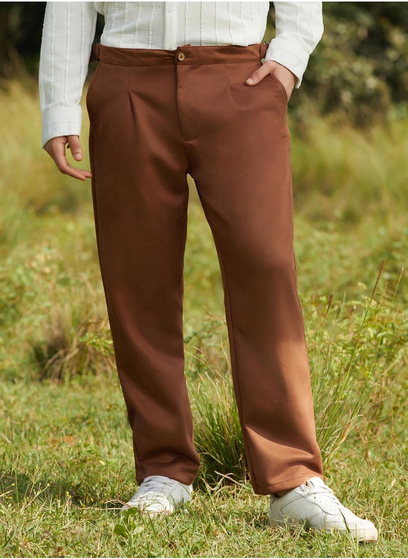 Campus Sutra Men's Chocolate Brown Tailored Suede Trousers  - Image 1