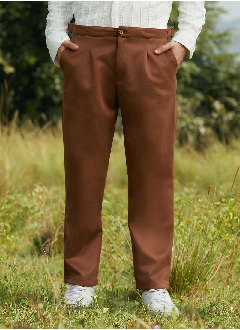 Campus Sutra Men's Chocolate Brown Tailored Suede Trousers  - Image 2
