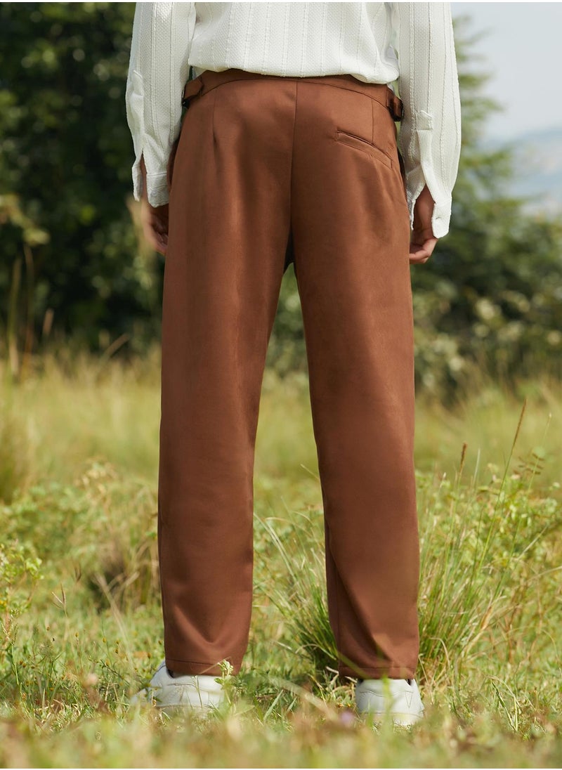 Campus Sutra Men's Chocolate Brown Tailored Suede Trousers  - Image 5