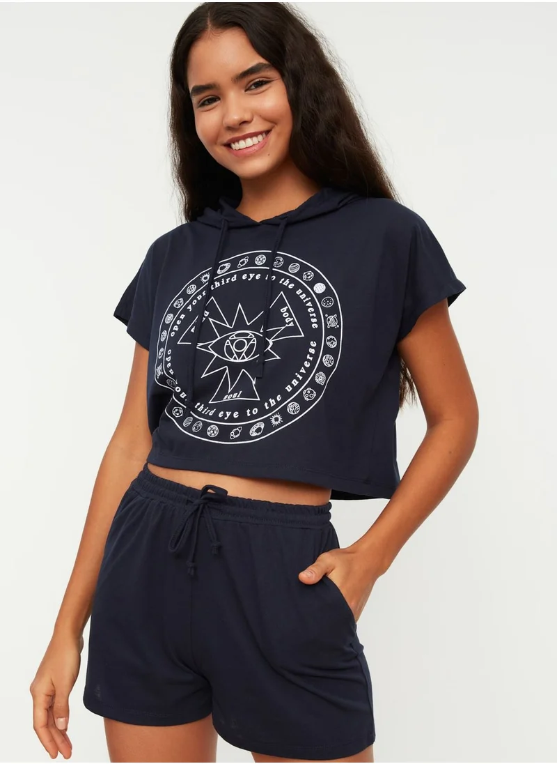 trendyol Crop Graphic Hoodie & Shorts Set
