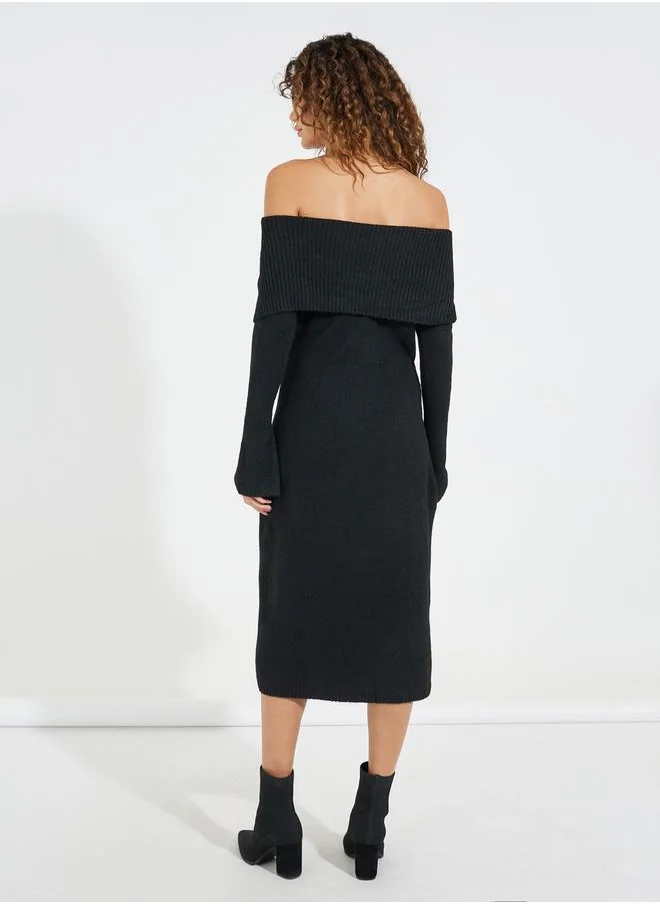 Styli Off Shoulder Knit Sweater Midi Dress